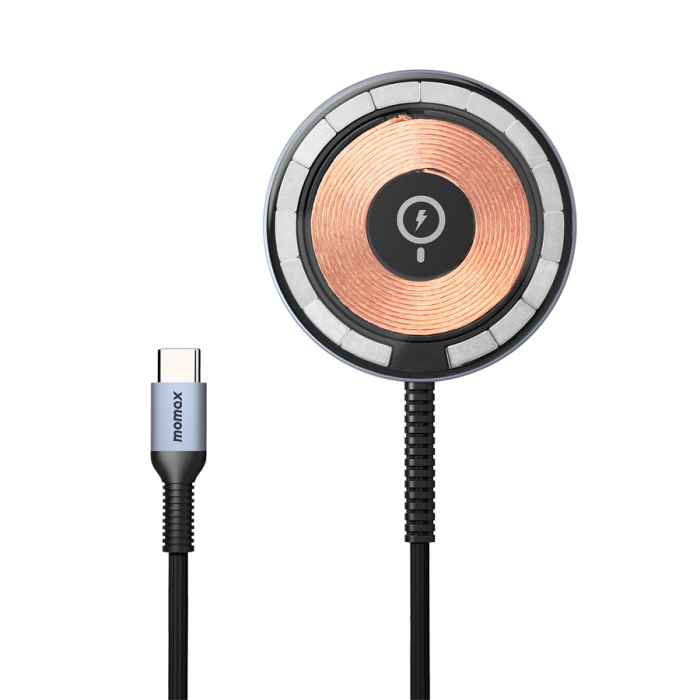 موماكس - شاحن لاسلكي بتقنية كيو ماج 2 المتوافقه مع تقنية الماج سيف بقوة 15 واط وسلك مدمج بطول 1.2م – رمادي