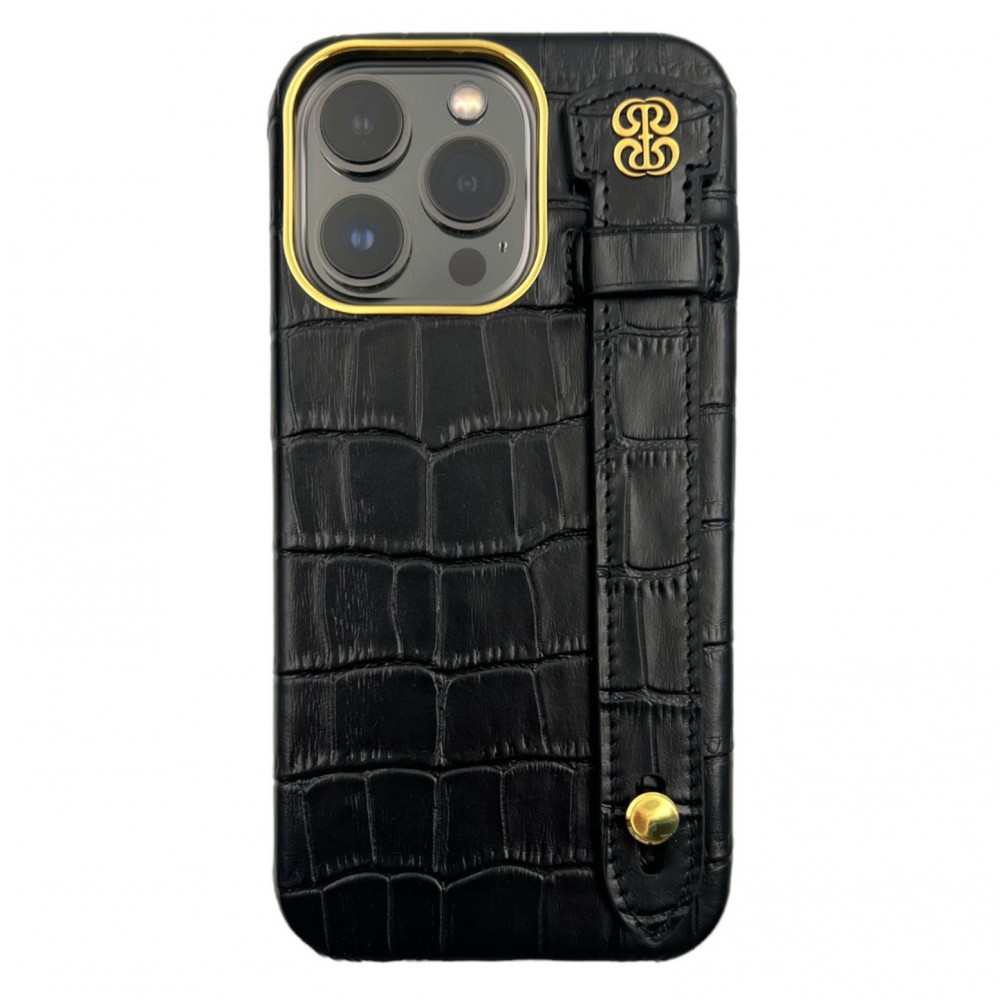 كفر ايفون 13برو ماكس مصنوع من الجلد مع مسكة لون اسود مع ماج سيف