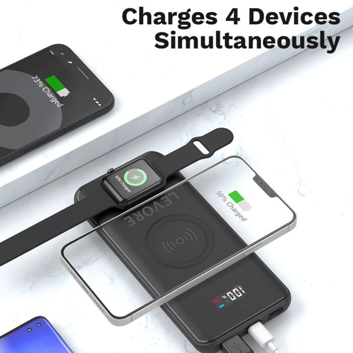 ليفوري - شاحن متنقل لاسلكي وسلكي بقوة 20 واط وسعة 10,000 ملي امبير وشاحن ساعة ابل- أسود