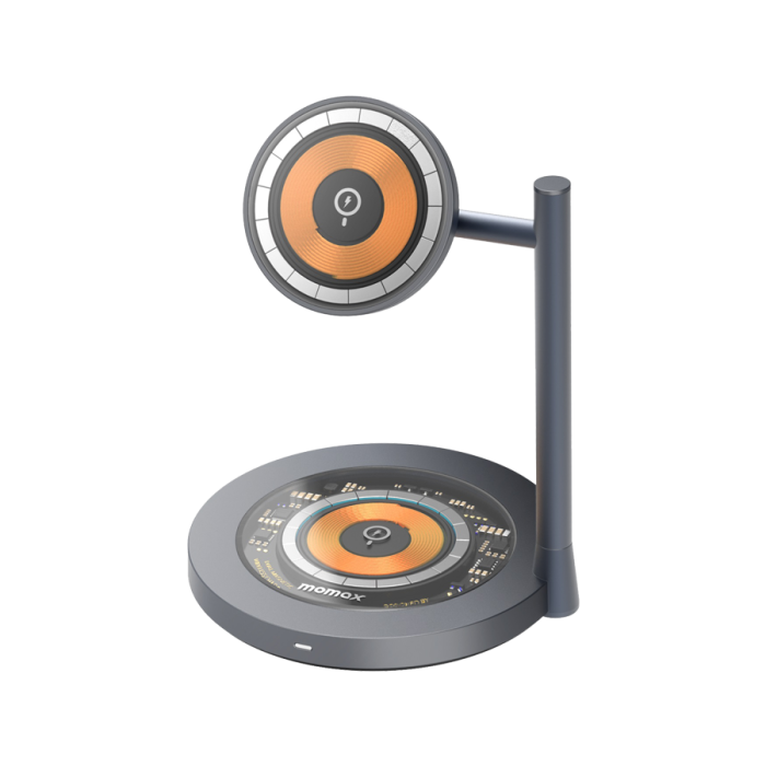 موماكس - شاحن لاسلكي وستاند مغناطيسي بقوة 15 واط لكل شاحن مصنوع من الألمونيوم - رمادي