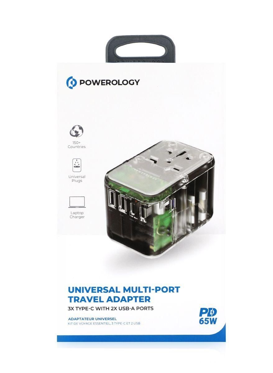 شاحن حائط للسفر 3 منافذ تايب سي و منفذين يو اس بي بقوة 65 واط من باورولوجي اللون الشفاف