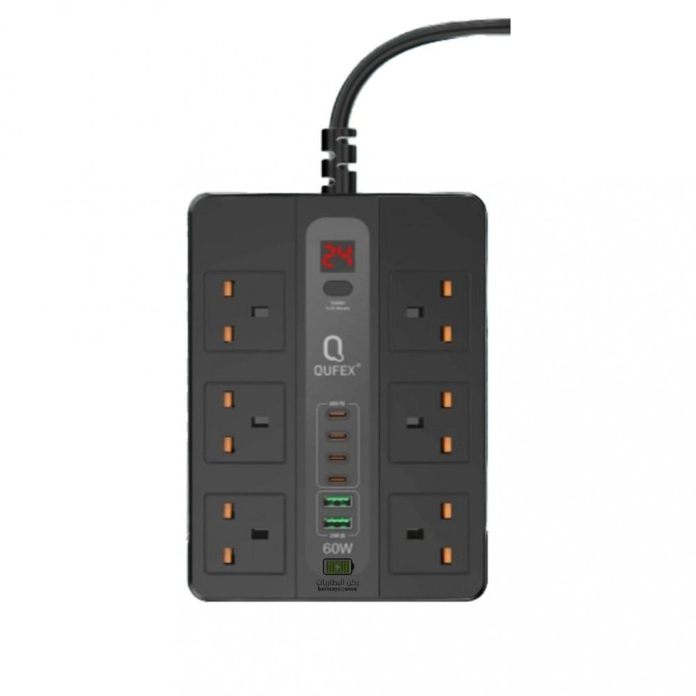 QUFEX - توصيلة كهربائية 6 فتحات + منفذين USB و 4 منافذ PD تايب سي بطول 3 متر